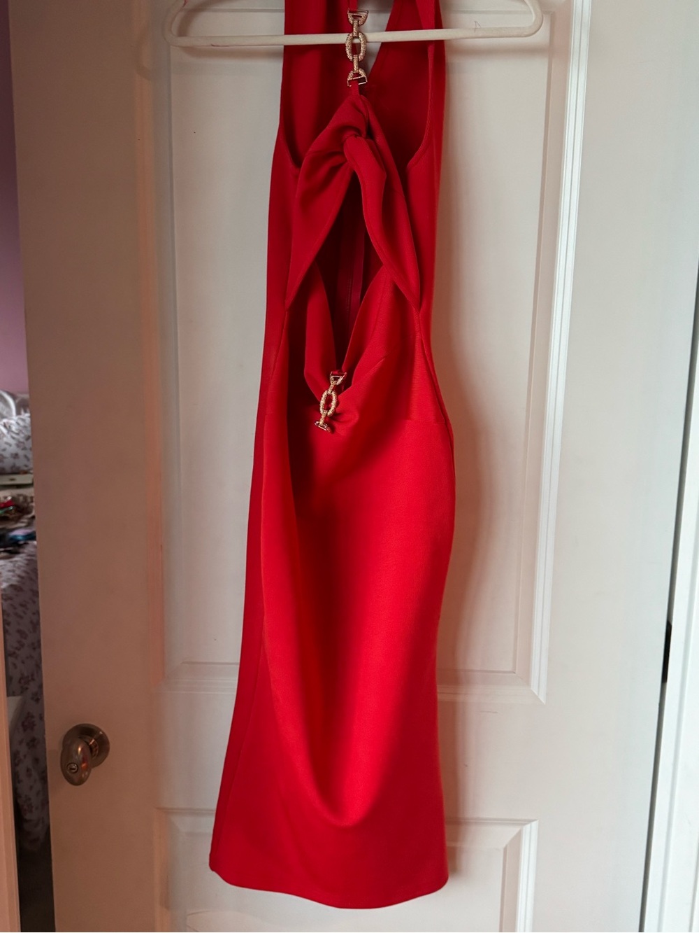 One-Shoulder Red Dress with Gold Chain Detail